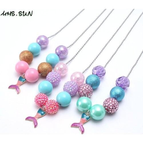 MHS.SUN Cute Style Kids Girls Chunky Beads Necklace With Mermaid Tail Pendants Fashion Long Chain Necklace Chunky Jewelry 1PCS