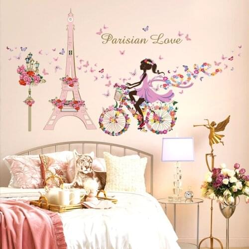 Girl Riding Bike Butterfly Flowers Effel Tower Parisian Love Wall Decals Bedroom Mural Art Decorative Stikers Kids Gift