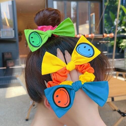 2021 New Candy Color Smiley Face Bow Hair Band Womens Large Intestine Hair Ring Girl Tie Ponytail Headdress Hair Accessories