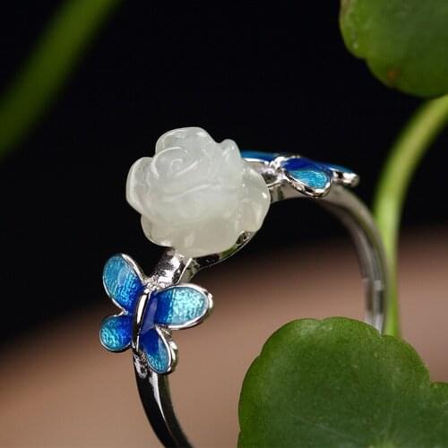 New Arrival silver S925 pure silver natural Hetian jade white jade mosaic Cloisonne Rose Lady open ring wholesale