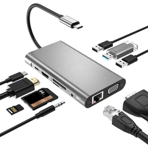 New USB Splitter 3.0 Type-C To HDMI 4K Adapter 10 In One Multiple Hub RJ45 SD TF 3.5mm Audio And Mic For MacBook PC Accessories