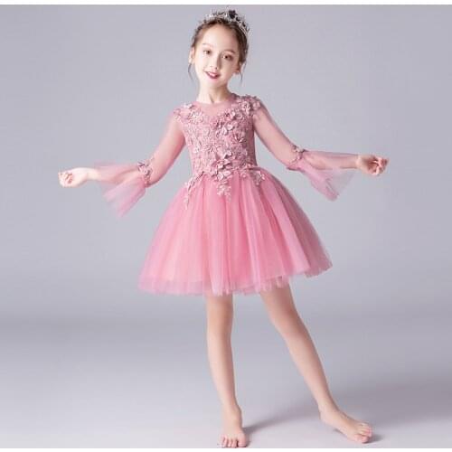 Adorable Kids Girl Tulle Princess Birthday Holiday Party Wedding Dress Baby Girl Lace Appliques Dress Children Pearls Vestido