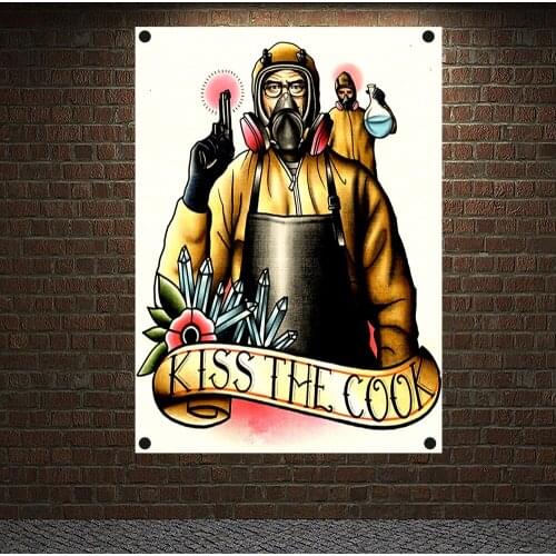 KISS THE COOK Tattoo Banners Canvas Painting Retro Wall Art Print Posters Home Decor Mural Hanging Flags 4 Gromments in Corners
