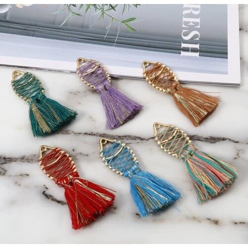 Zinc Based Alloy & Polyester Tassel Charms Pendants Tassel Gold Plated Multicolor Drop For Jewelry Accessories 62mm x 25mm,2 PCs