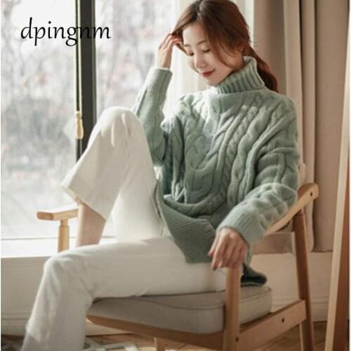 Casual Turtleneck Warm Knitted Sweater Autumn Winter Long Sleeve Pullover Tops Elegant Women Rivet Button Jumper