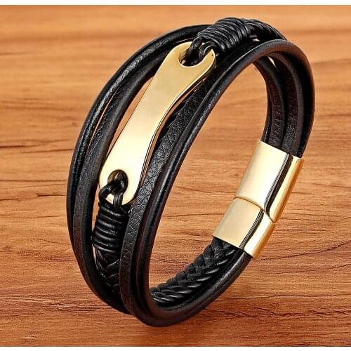 Luxury Multilayer Rope Wrap Leather Stainless Steel Bracelet Magnetic Clasp Braided Handmade Mens Business Gold Color Jewelry