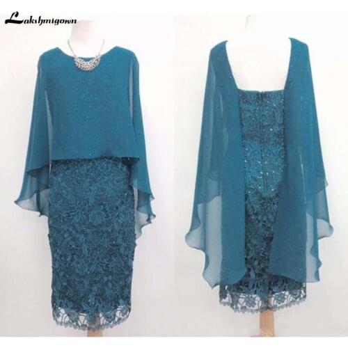 Blue Lace Mother Of The Bride Dresses Knee Length Half Sleeve Jacket Wedding Guest Dress Plus Size Evening Formal Gown