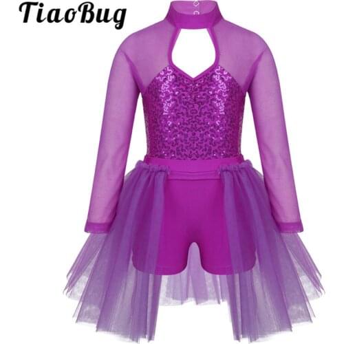 TiaoBug Kids Teens Long Sleeve Ballet Tutu Leotard Dress Children Girls Shiny Sequin Figure Skating Stage Lyrical Dance Costumes
