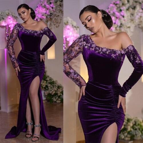 Velvet Purple Prom Dresses Off Shoulder Flowers Long Sleeve Side Split Dubai Evening Formal Party Second Reception Gowns