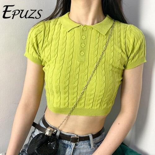 Vintage green Textured Cropped Top women Summer tshirts Short Sleeve Ladies Polo Shirts Women Korean ladies top 2020