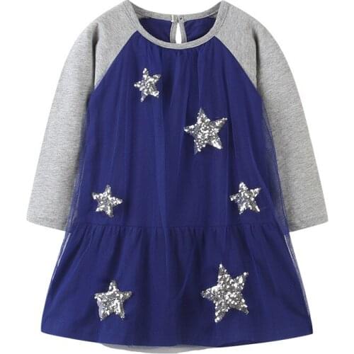AOSTA BETTY Autumn Winter Skirt Long Sleeve Girl Blue Sequins Stars Pattern Clothes Round Neck Casual Dresses 2-7years