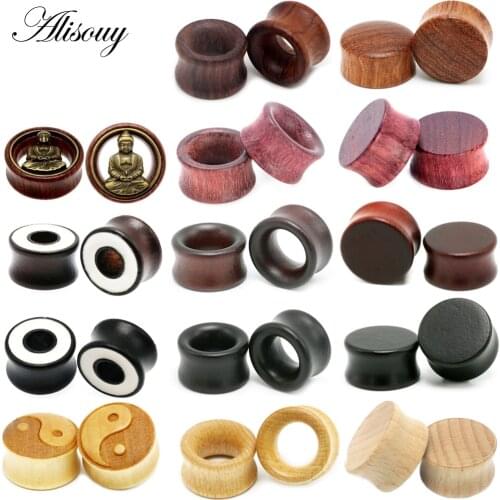 Alisouy 2PCS Fashion Ear Plugs Wood Flesh Tunnels Saddle Ear Gauges 8mm-20mm Solid Hollow Body Piercing Jewelry For Men Women