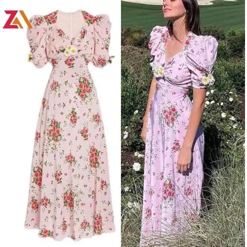 ZALady Fried Street French Small Floral Dress Artistic Niche Surprise chic short sleeve party evening beach boho pink Long Dress