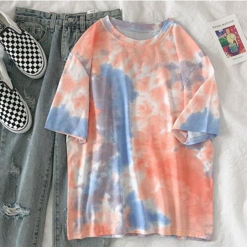 2021 Summer Women Stylish Tie Dye Bright Tops Short Sleeve Round Neck Loose Casual T Shirt