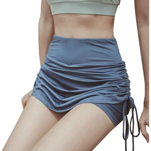 Women High Waist 2 In 1 Ruched Workout Mini Skirt with Inner Shorts Side Drawstring Solid Color Athletic Sports Skorts Slim Fit