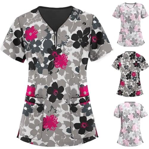 Women Short Sleeve V-neck Buttons Working Uniform Flowers Printing Daily Shirt Comfortable Working Uniform T-Shirt Carer Top