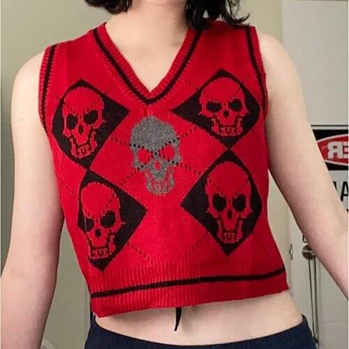 Y2K Vintage Skull Print Knitted Sweaters Vest Womens V-Neck Sleeveless Jumpers Crop Tops 2021 New Preppy Style Pullover Tops
