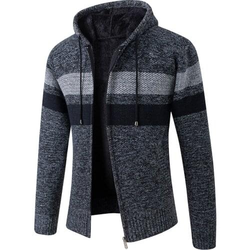 Winter Cardigans Men Casual Hooded Collar Fleece Warm Sweaters Coat Men Hoodies Jacket Thick Patchwork Striped Cardigan Male