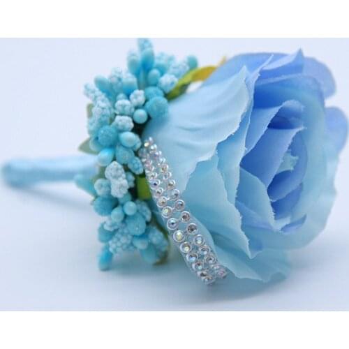5Pieces/Bag Handmade Wedding Boutonniere Groom Groomsman Corsage Artificial Flower Light Blue Silk Rose Mens Suit Brooch Flower