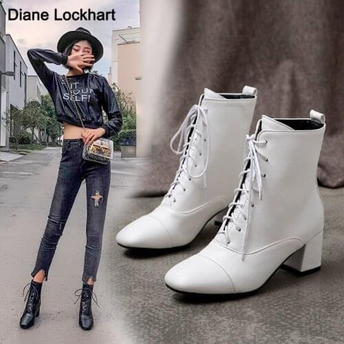 White Lace-Up Ankle Boots Rock Shoes Woman Lace Up Leather Fashion Boots women Ladies High Heel Microfiber Cross-tied Booties