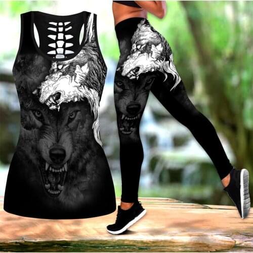 Wolf Spirit Tattoo 3D All Over Printed Hollow Tank Top & Leggings Set Fitness Female Full Length Leggings Running Pants DDK52