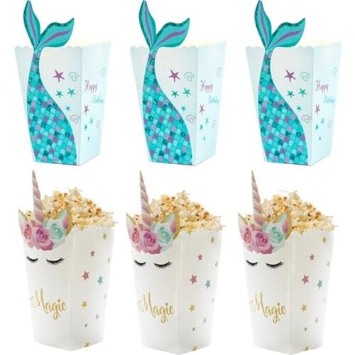 Unicorn birthday party popcorn box mermaid tail paper boxes candy cookies bag 1st boys girls birthday gift baby shower deco