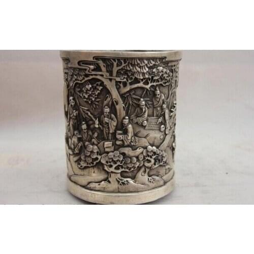 Song voge gem S1540 China White Copper Silver Old people Landscape pencil vase Pen case brush pot