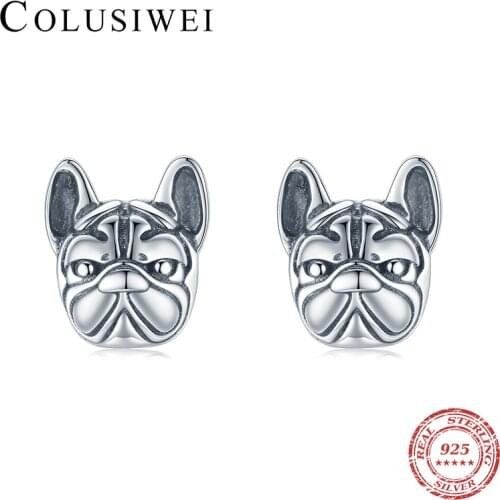Colusiwei Vintage 925 Sterling Silver Pet French Bulldog Dog Stud Earrings for Unisex Punk Animal Earrings Tide Jewelry Brincos