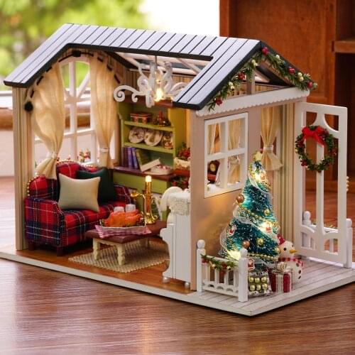 DIY Christmas Dollhouse Mini 3D Wooden Doll House Miniature with Furniture Kit Music LED Lights Toys for Children Birthday Gift