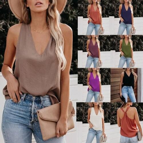 Womens T-shirts Summer Casual Solid Sleeveless Womens Top T-shirt Ladies Deep V-neck Tank Tops Vintage Loose White Women Tops