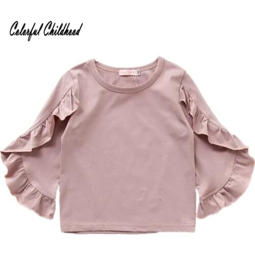 Baby Girls T-shirts Fashion Pure Cotton Ruffles Cuff Pullover Tee Big Girls Autumn Base Tops Bebe Vestidos Childrens Clothing
