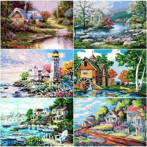 GATYZTORY Pictures By Number Garden House Scenery Kits Home Decor Painting By Number Spring Lake Drawing On Canvas HandPainted A