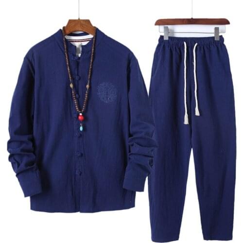 Autumn Suit Mens Chinese Style Solid Color Cotton Linen Suit Youth Long-sleeve Shirt linen 2pcs Set Tang Suit Top+Trousers Blue