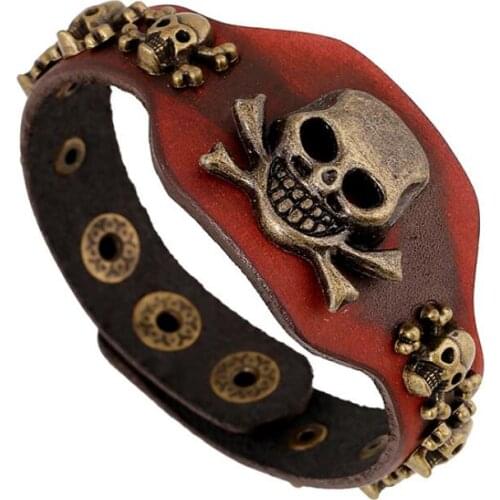 Punk Rock Hippie Skull Men Bracelet Cuff Alloy Skeleton Charm Wide Genuine Leather Buckle Bangle Wristband Fashion Biker Jewelry