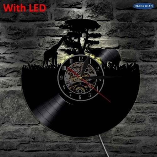 African Animals Vinyl Wall Clock Giraffe and Elephant Silhouette Led Wall Light Wildlife Wall Art Wild Nature Home Decor