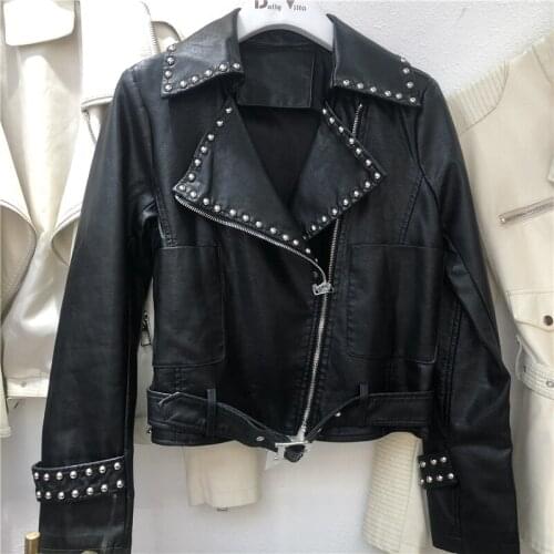 2021 Autumn New Beige Short Faux PU Leather Coat Rivet Women Slim Motorcycle Biker Jacket Case Female Spring Chaqueta Mujer