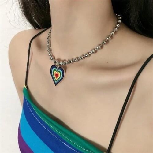 Hot Punk Aesthetic Rainbow Heart Choker Necklace Retro Grunge Silver Color Metal Alloy Chain Necklace for Women Girls Party Gift