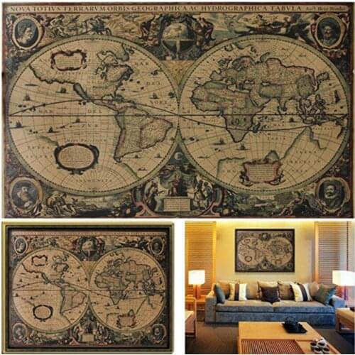 Retro World Map Nautical Ocean Map Poster Vintage Kraft Paper Wall Chart Sticker Antique Home Decor Large Size Map World