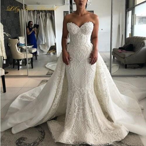 Vestido de noiva 2 em 1 Luxury Detachable Overskirt Beaded Lace Mermaid Wedding Gown Sweetheart Sleeveless Bridal Dress