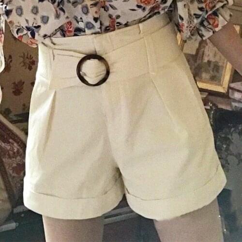 White Denim Short Rome Short taille haute et jambe évasée High Waist Belt Loose Casual Chic Shorts Elegant Retro Femme Short