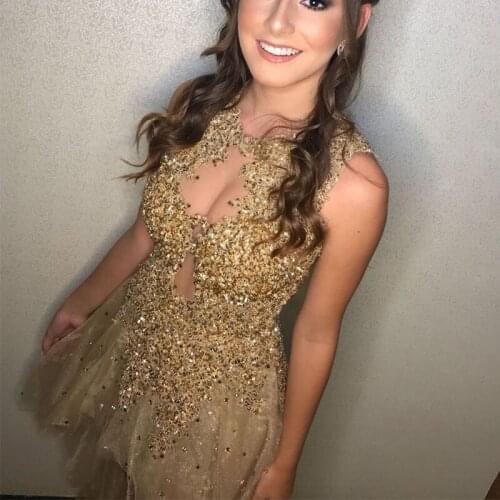 Gorgeous Gold Lace Beaded Key Hole Front Short Mini Length Prom Dress Homecoming Dresses