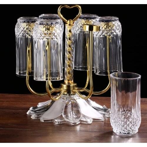 Rotatable 6 Cup Holder Water Cup Hanger Home Use Stainless Steel Upside Down Drain Rack Glass 6 Piece Set with Acrylic Base tray