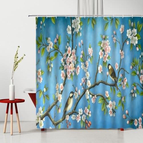 Chinese Style Flowers Bird Shower Curtain Washable Blue Background Polyester Bathtub Decor With Hooks Bathroom Fabric Curtains