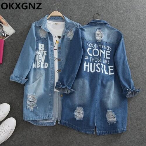 Plus Size 9XL Ladies Denim Jackets Women Spring Turn Down Collar Hole Long Sleeve Casual Denim Jacket Women Jeans Coat Outerwear