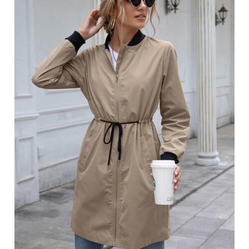Women Outdoor Dust Coat Autumn Long Sleeve Stand Collar Cardigan With Slant Pocket Drawstring Womens Clothes Trench Streetwear