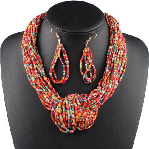 Claire Jin Bohemian Small Beads Handmade Knot Necklace and Earrings Vintage Choker Women Ethnic Jewelry Set
