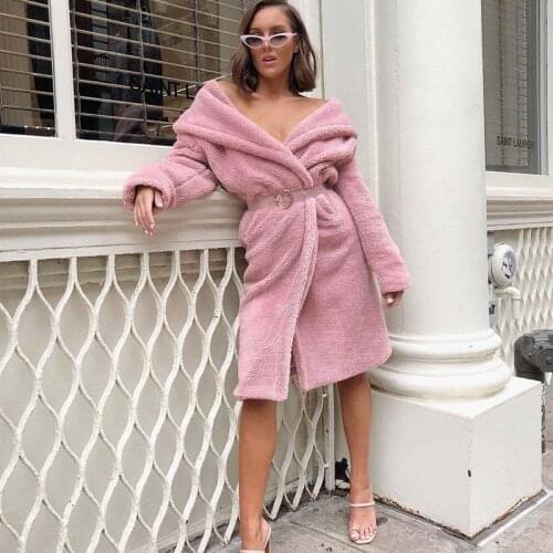 Women Faux Fur Coat Fluffy Warm Outwear Plush Turn Down Collar Hairy Women Winter Coat Pink Loose Cardigan Trench Pure Color