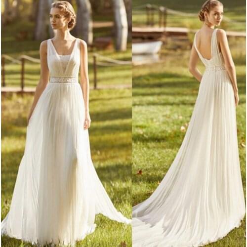 V-Neck Wedding Dresses Sleeveless Lace Chiffon Sweep Train A-Line Backless Bridal Dress Arabic Wedding Gowns vestido novia