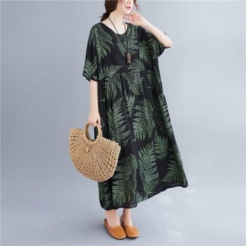 Vintage Plus Size Green Print Cotton Linen Maxi Sundress 2021 Summer Korea Women Loose Midi Dress Elegant Bodycon Party Vestidos