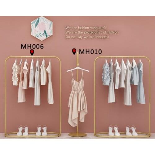 Gold clothing store display rack floor type combined hanger shelf for womens clothing store